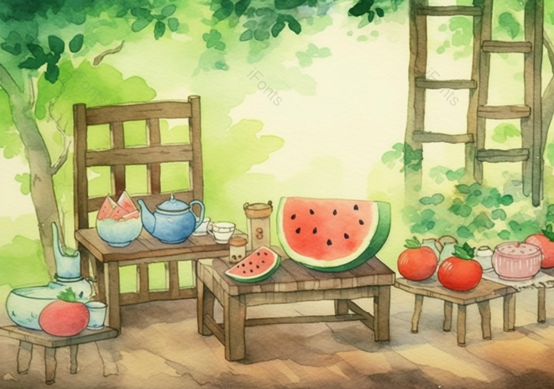 绿色树下称量西瓜西红柿背景,插画/手绘图,插画/手绘图库,插画/手绘图下载,插画/手绘